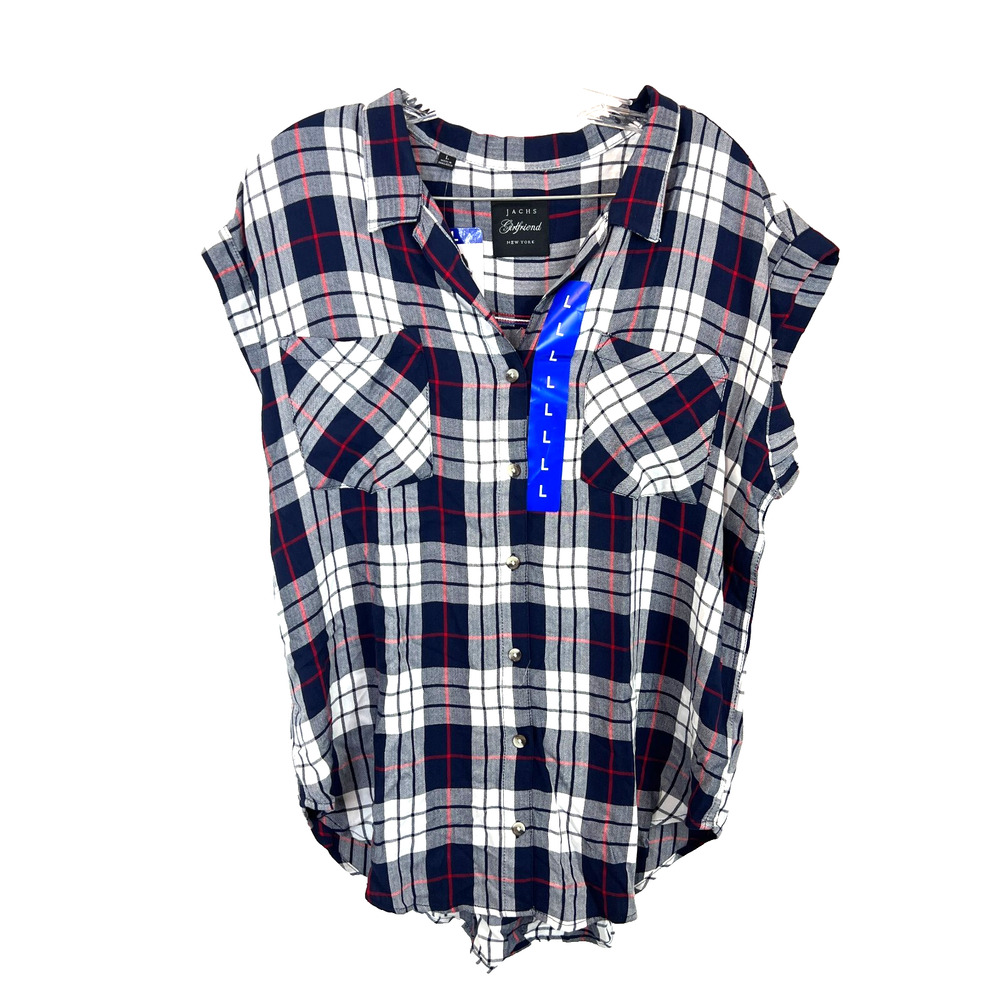 NWT Jachs Girlfriend Womens Large Navy Plaid Short Sleeve Tunic Button Up Top
